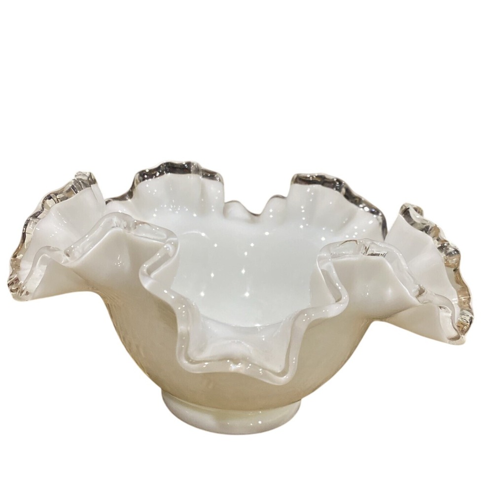 Vintage Fenton Silver Crest Milk Glass Ruffled‎ Edge Candy Dish White